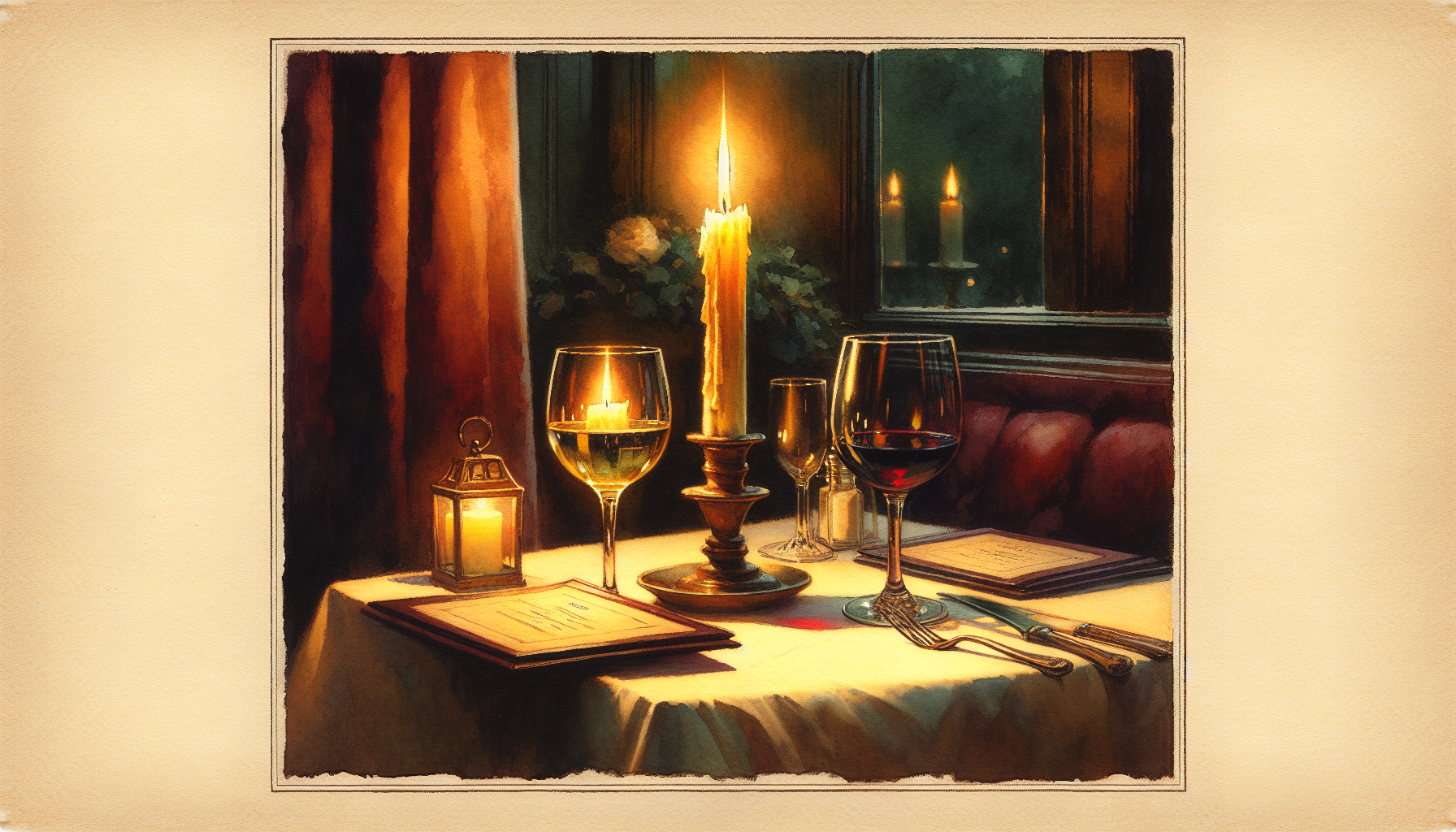 Watercolour illustration of a candlelit restaurant table for two with a single tall taper candle, two stemmed wine glasses, and a folded paper menu, in warm cream and candlelight gold tones.