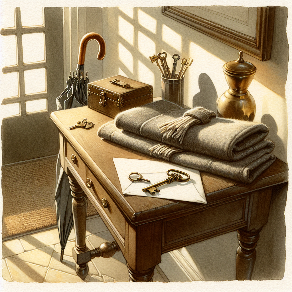 Watercolour still life of a leather keychain with two brass keys on a wooden console table beside a folded grey wool scarf and an open paper envelope, with a shared umbrella against the wall.