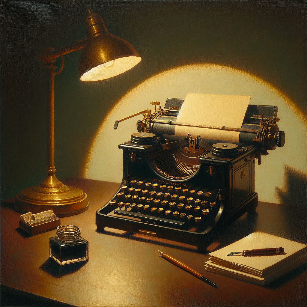 Watercolour still life of a vintage typewriter on a dark wood desk with an inkwell and stack of cream paper, lit by a warm brass lamp, evoking introspection.