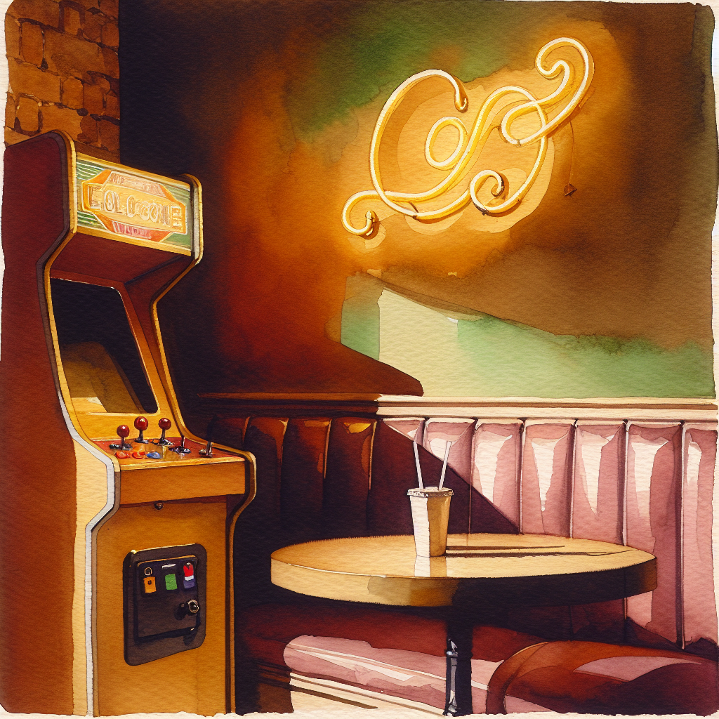 Watercolour painting of a vintage arcade cabinet corner with an abstract gold neon glow above and a paper milkshake cup with two straws on a small round table.