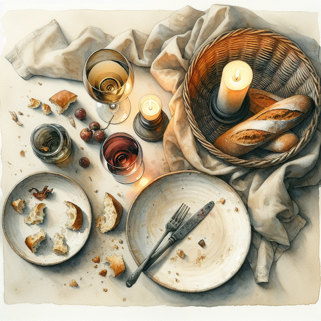 Watercolour overhead still life of a mid-meal restaurant table with two plates, bread, wine glasses, and a small candle.