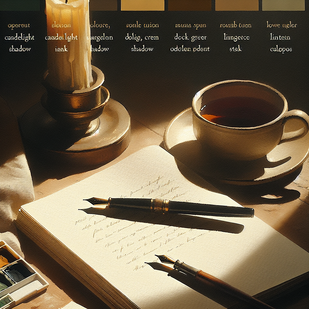Watercolour still life of a steaming ceramic cup of tea beside an open notebook with a fountain pen, in warm cream and candlelight gold tones, evoking quiet preparation before a date.