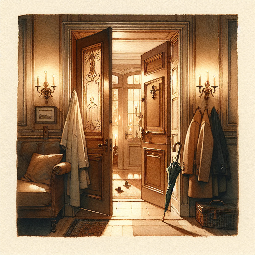 Watercolour vignette of an interior door slightly ajar with two coats hung on a hook beside a folded umbrella, soft warm light spilling through, evoking the threshold of arrival on a first date.