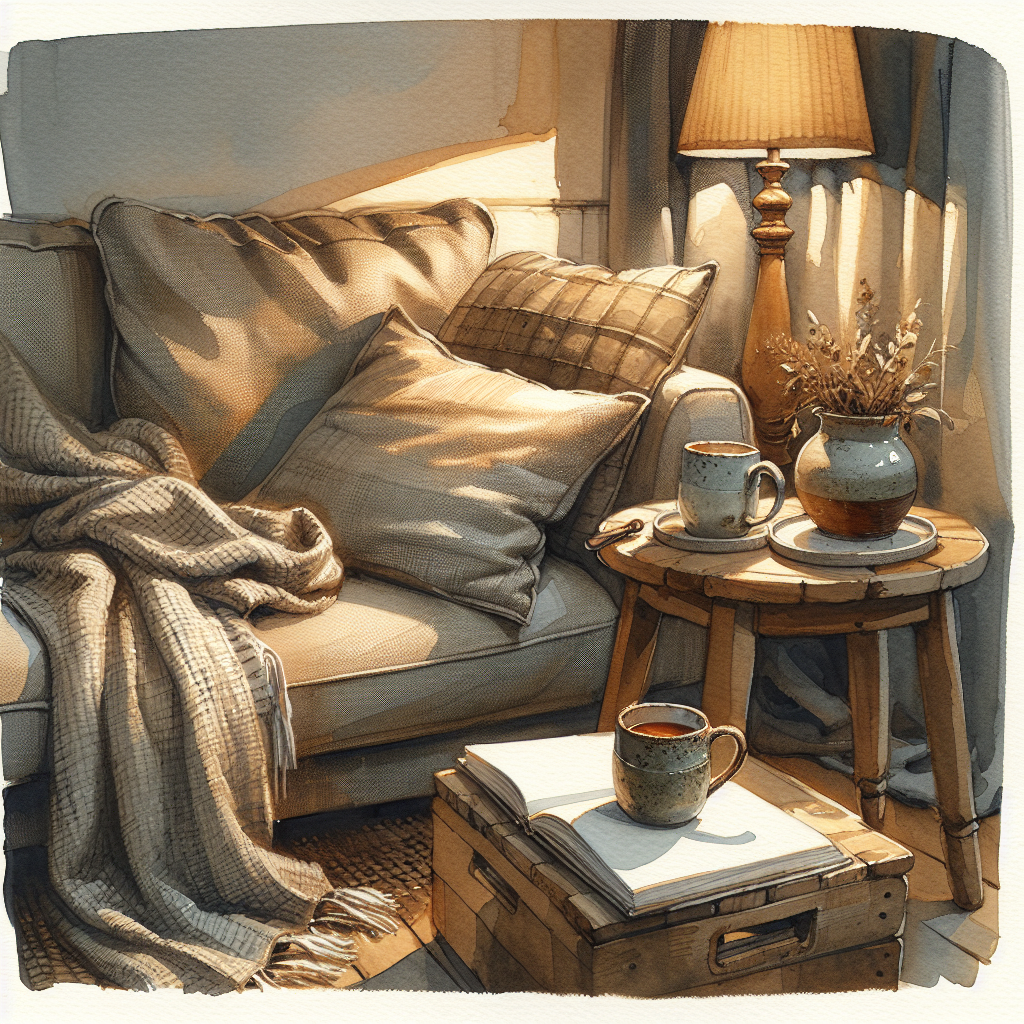 Watercolour vignette of a linen sofa corner with two ceramic mugs on a low side table beside a face-down open book, lit by a small lamp casting warm gold light.