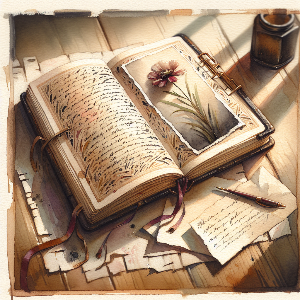 Watercolour still life of an open journal with abstract handwritten ink, a small printed photograph tucked into the spine, a folded note, and a pressed flower on the page.