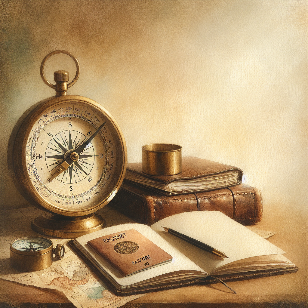 Watercolour still life of a brass nautical compass, a folded paper map, an open passport showing a blank page, and a worn leather notebook on a wooden desk in warm side light.