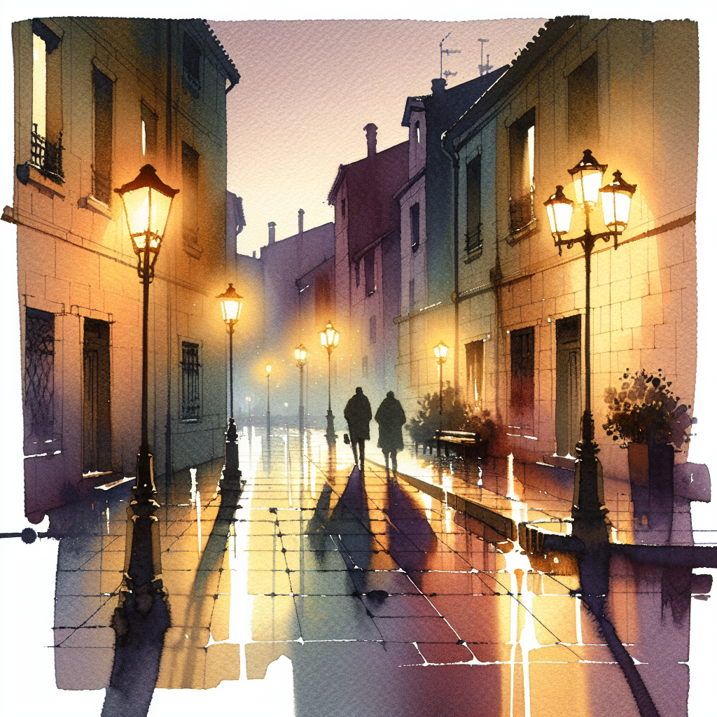 Watercolour painting of a wet cobblestone pavement at night under a single streetlamp, with two long shadows stretching ahead side by side, in warm gold and burgundy tones.